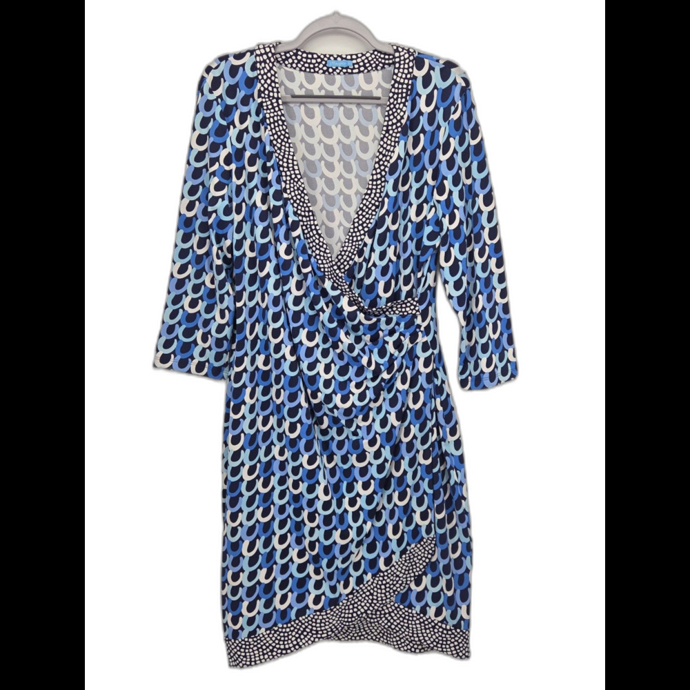 J McLaughlin Blythe Faux Wrap Dress Women XL Horseshoe Blue Print Catalina Cloth